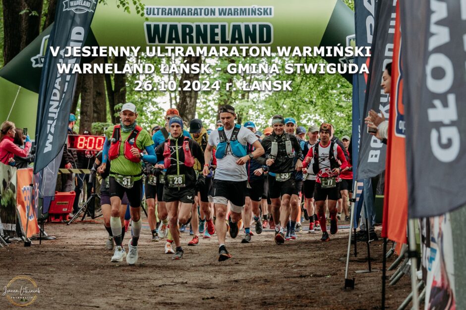 Plakat zapraszający w sobotę 26 października 2024 r. na 5. edycję Jesiennego Ultramaratonu Warmińskiego "Warneland" Łańsk 2024.