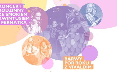 Plakat zapraszający w niedzielę 24 listopada 2024 r. do Olsztyna na koncert rodzinny ze Smokiem Kwintusiem i Fermatką – Barwy Pół Roku z Vivaldim Filharmonia Olsztyn 2024.