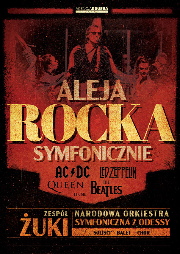 Plakat zapraszający na koncert Aleja Rocka Symfonicznie Filharmonia Olsztyn. 