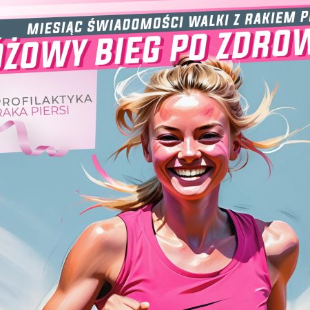 Plakat zapraszający w niedzielę 20 października 2024 r. do Orzysza na 2. edycję Różowego Biegu po Zdrowie Orzysz 2024.