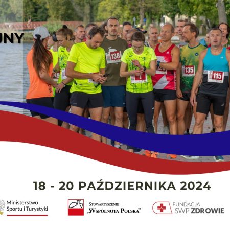 Plakat zapraszający w sobotę 19 października 2024 r. do Ostródy na 6. edycję Międzynarodowego Polonijnego Festiwalu Biegowego Ostróda 2024.