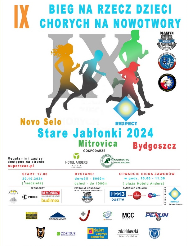 Plakat zapraszający w niedzielę 20 października 2024 r. do Starych Jabłonek na 9. edycję Biegu na rzecz Dzieci chorych na nowotwory Stare Jabłonki 2024.