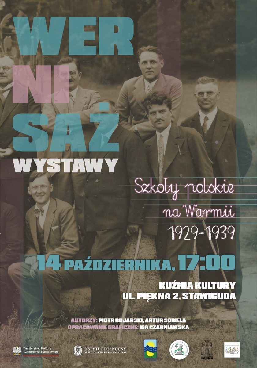 Plakat zapraszający w poniedziałek 14 października 2024 r. do Stawigudy na Wernisaż i prelekcję "Szkoły polskie na Warmii w latach 1929-1939" Stawiguda 2024.