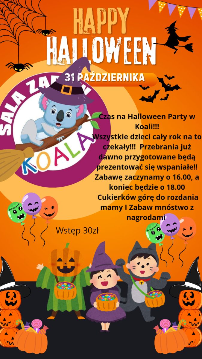 Plakat zapraszający w czwartek 31 października 2024 r. do Szczytna na Halloween Party w Koali Szczytno 2024. 