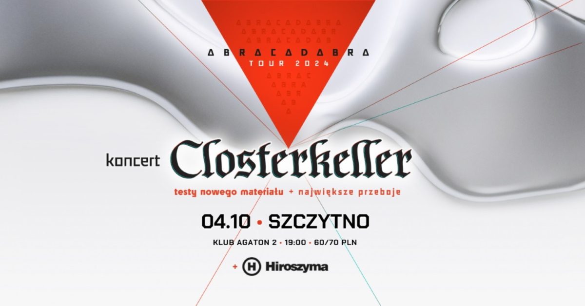 Plakat zapraszający w piątek 4 października 2024 r. do Szczytna na koncert zespołu Closterkeller Szczytno 2024.