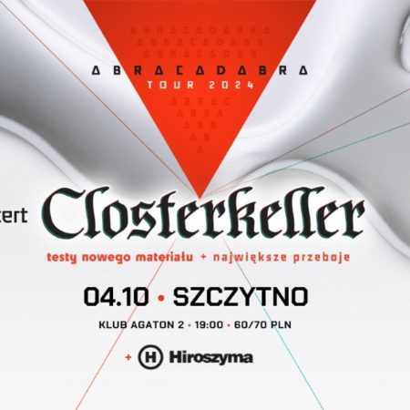 Plakat zapraszający w piątek 4 października 2024 r. do Szczytna na koncert zespołu Closterkeller Szczytno 2024. 