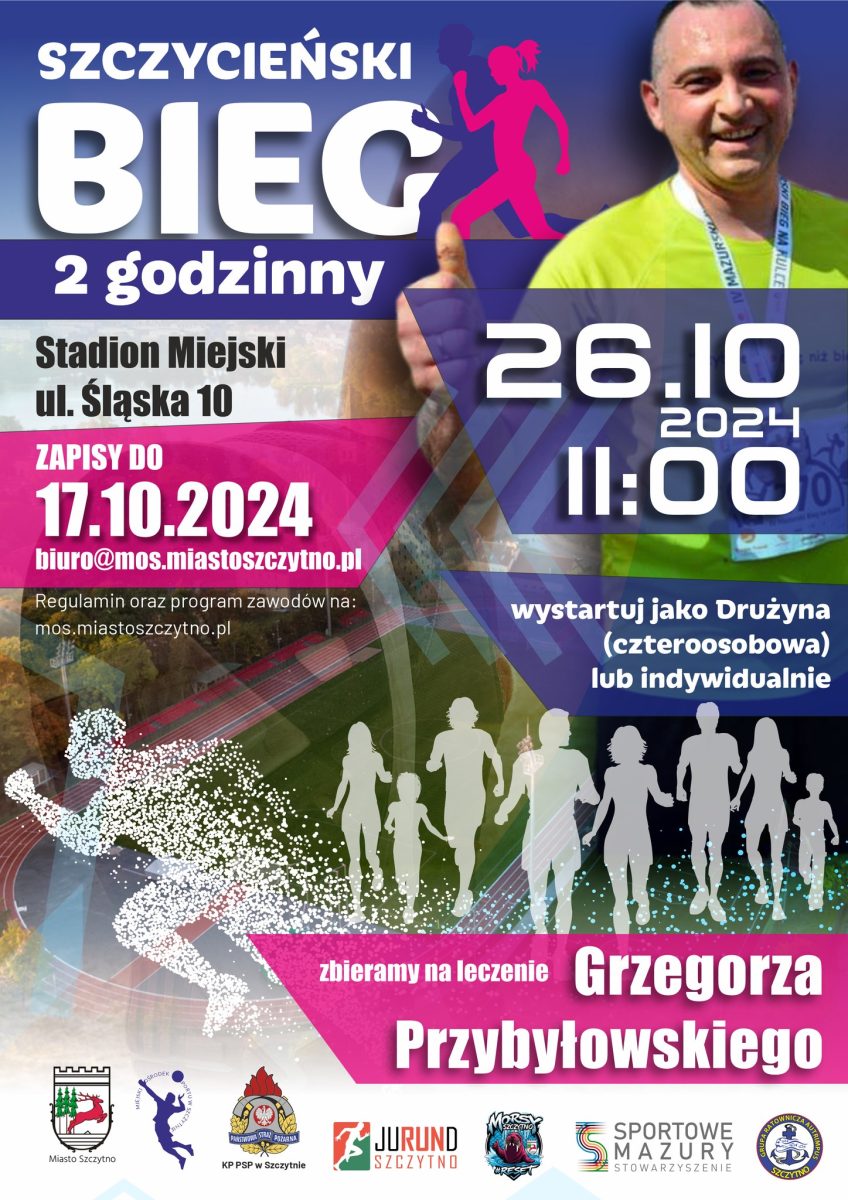 Plakat zapraszający w sobotę 26 października 2024 r. do Szczytna na Szczycieński Bieg 2 godzinny Szczytno 2024.