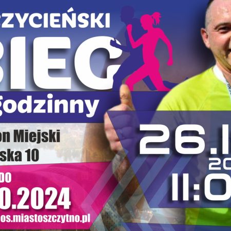 Plakat zapraszający w sobotę 26 października 2024 r. do Szczytna na Szczycieński Bieg 2 godzinny Szczytno 2024.