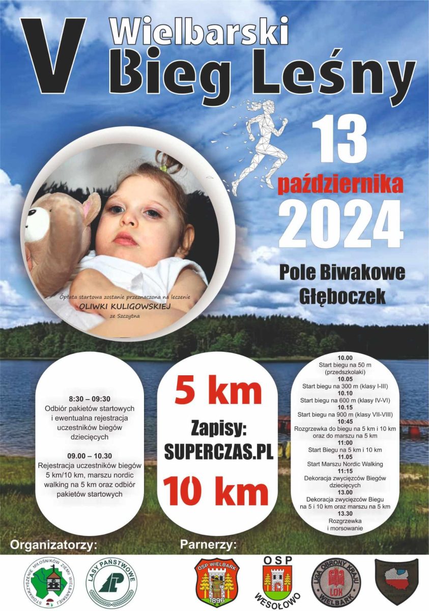 Plakat zapraszający w niedzielę 13 października 2024 r. do Wielbarka na 5. edycję Wielbarskiego Biegu Leśnego Wielbark 2024.