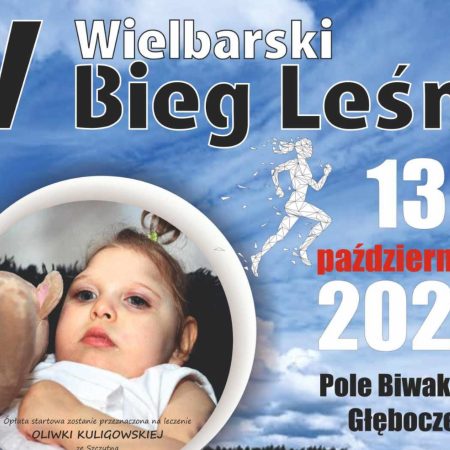 Plakat zapraszający w niedzielę 13 października 2024 r. do Wielbarka na 5. edycję Wielbarskiego Biegu Leśnego Wielbark 2024.