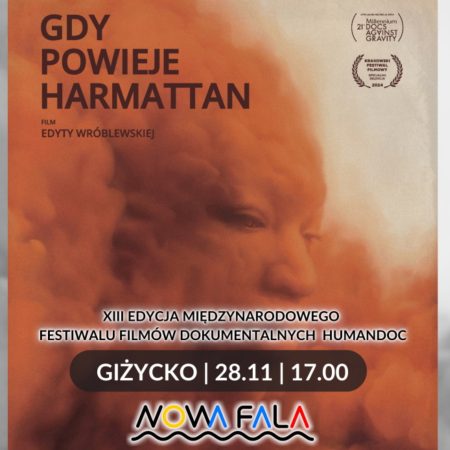 Plakat zapraszający w czwartek 28 listopada 2024 r. do Giżycka na Międzynarodowy Festiwal Filmów Dokumentalnych HumanDOC Giżycko 2024 