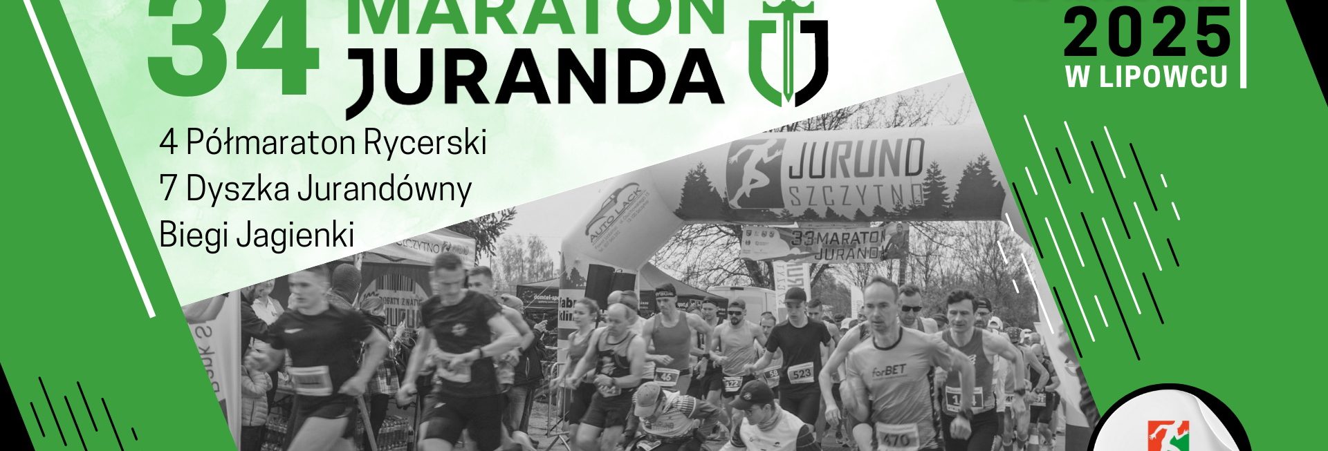 Plakat zapraszający w niedzielę 13 kwietnia 2025 r. do Szczytna i Lipowca na 34. edycję Maratonu Juranda 2025.