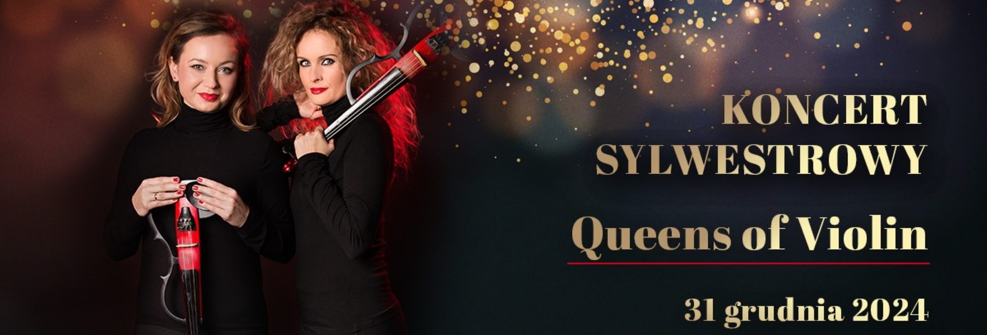 Plakat zapraszający we wtorek w sylwestra 31 grudnia 2024 r. do Mrągowa na Koncert Sylwestrowy QUEENS OF VIOLIN Mrągowo 2024.