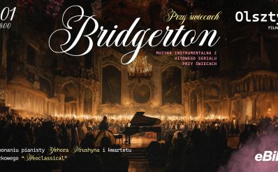 Plakat zapraszający we wtorek 14 stycznia 2025 r. do Olsztyna na koncert - Muzyka przy Świecach „Bridgerton” Filharmonia Olsztyn 2025.