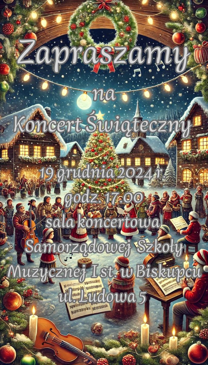 Plakat zapraszający w czwartek 19 grudnia 2024 r. do Biskupca na Koncert Świąteczny - Samorządowej Szkoły Muzycznej I Stopnia w Biskupcu 2024.