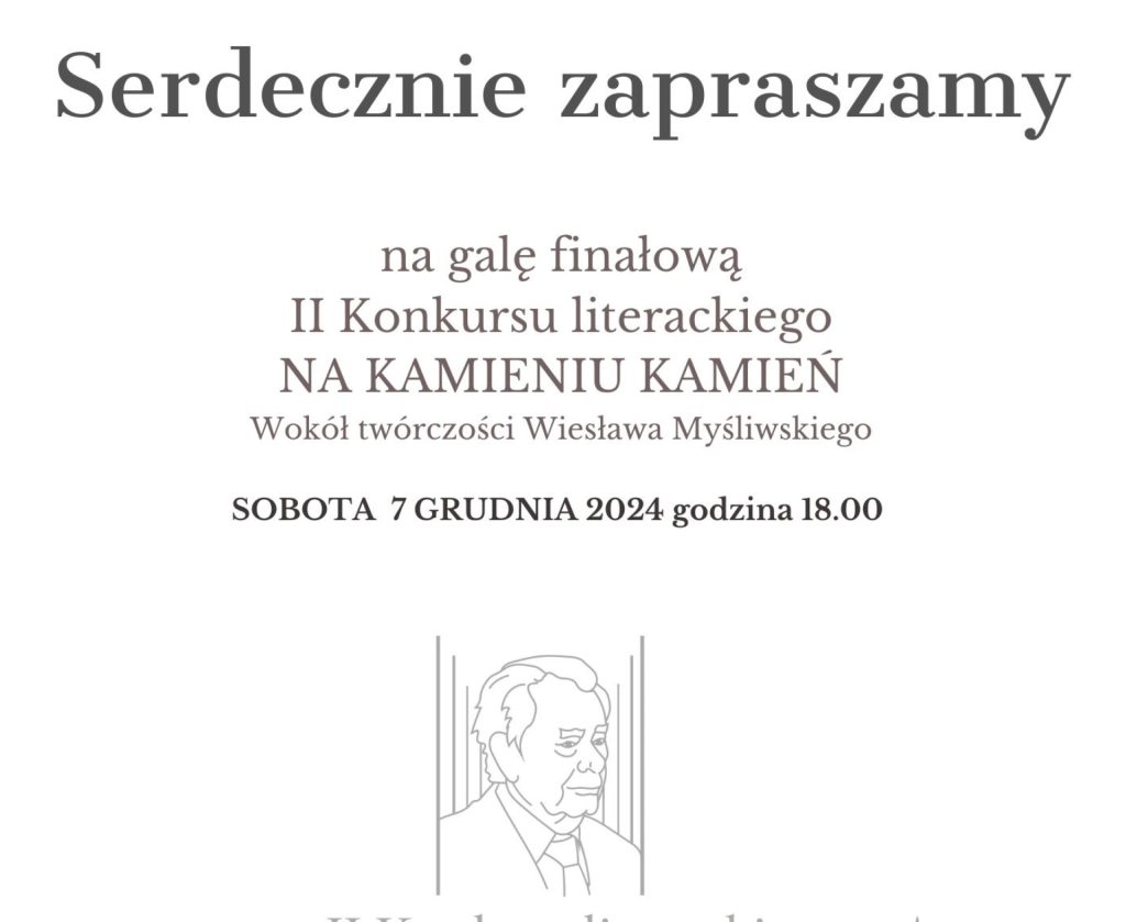 Plakat zapraszający w sobotę 7 grudnia 2024 r. do Gietrzwałdu na Galę Finałową II Konkursu Literackiego "Na Kamieniu Kamień" Gietrzwałd 2024.