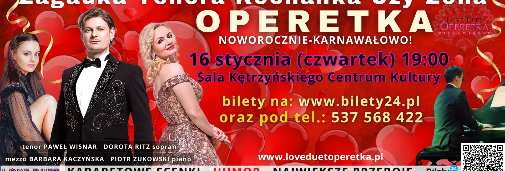 Plakat zapraszający w czwartek 16 stycznia 2025 r. do Kętrzyna na Operetkę Noworoczną "Zagadka Tenora Kochanka czy Żona" Kętrzyn 2025.