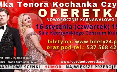 Plakat zapraszający w czwartek 16 stycznia 2025 r. do Kętrzyna na Operetkę Noworoczną "Zagadka Tenora Kochanka czy Żona" Kętrzyn 2025.