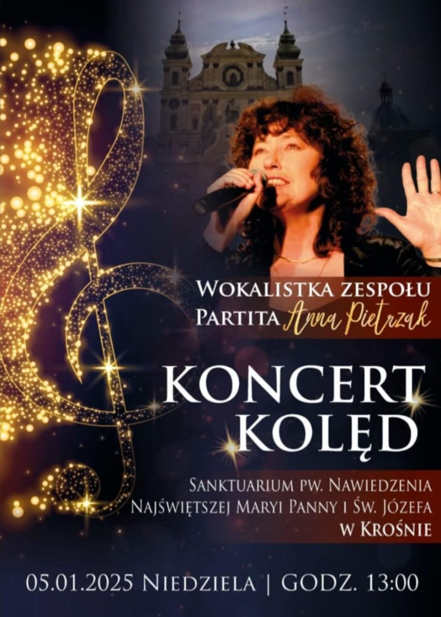 Plakat zapraszający w niedzielę 5 stycznia 2025 r. do miejscowości Krosno k. Ornety na koncert kolęd - wokalistka zespołu Partita "Anna Pietrzak" Sanktuarium Krosno 2025.