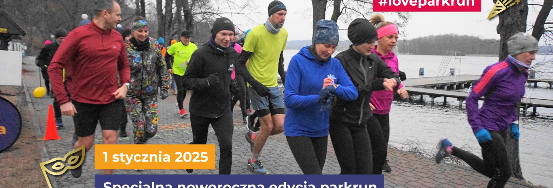 Zdjęcie zapraszające w środę 1 stycznia 2025 r. do Mrągowa na bieg, marsz, trucht na dystansie 5 km – Cykl spotkań biegowych Parkrun Ekomarina Mrągowo 2025.