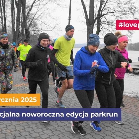 Zdjęcie zapraszające w środę 1 stycznia 2025 r. do Mrągowa na bieg, marsz, trucht na dystansie 5 km – Cykl spotkań biegowych Parkrun Ekomarina Mrągowo 2025.