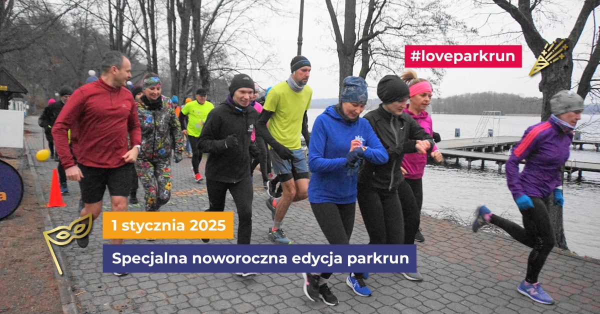 Zdjęcie zapraszające w środę 1 stycznia 2025 r. do Mrągowa na bieg, marsz, trucht na dystansie 5 km – Cykl spotkań biegowych Parkrun Ekomarina Mrągowo 2025.