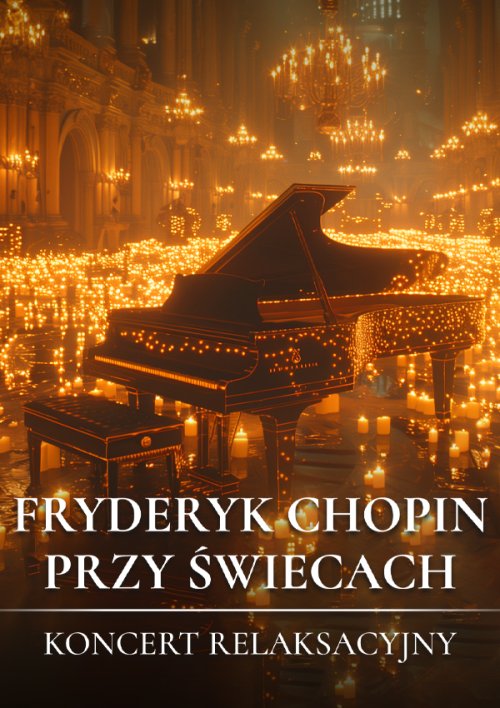 Plakat zapraszający w poniedziałek 17 lutego 2025 r. do Olsztyna na koncert "Fryderyk Chopin przy Świecach" Filharmonia Olsztyn 2025.