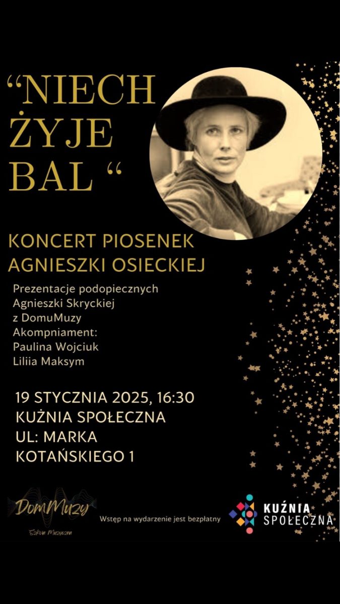 Plakat zapraszający w niedzielę 19 stycznia 2025 r. do Olsztyna na Koncert Piosenek Agnieszki Osieckiej Kuźnia Społeczna Olsztyn 2025.