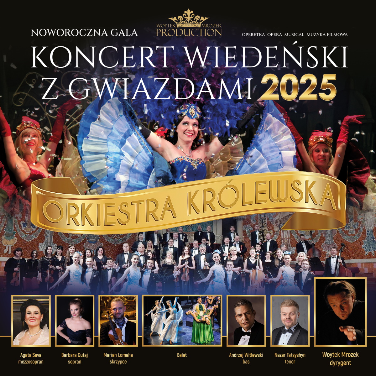 Plakat zapraszający do Olsztyna na Koncert Wiedeński z Gwiazdami Filharmonia Olsztyn. 