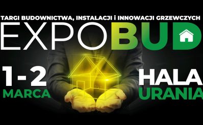 Plakat zapraszający w dniach 1-2 marca 2025 r. do Olsztyna na Targi Budownictwa, Instalacji i Innowacji Grzewczych ExpoBUD Hala Urania 2025.