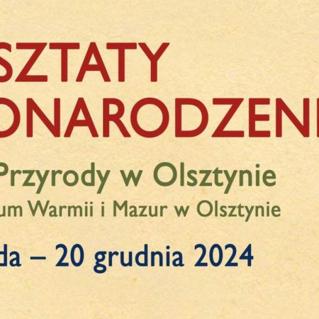 Plakat zapraszający w dniach od 26 listopada do 20 grudnia 2024 r. do Muzeum Przyrody w Olsztynie na Warsztaty Bożonarodzeniowe Muzeum Przyrody w Olsztynie 2024.