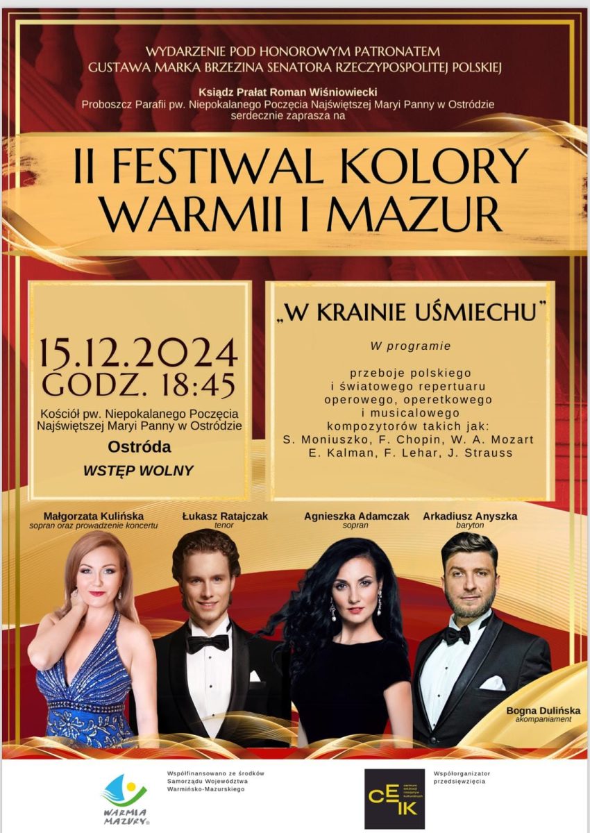 Plakat zapraszający w niedzielę 15 grudnia 2024 r. do Ostródy na 2. edycję Festivalu Kolory Warmii i Mazur.