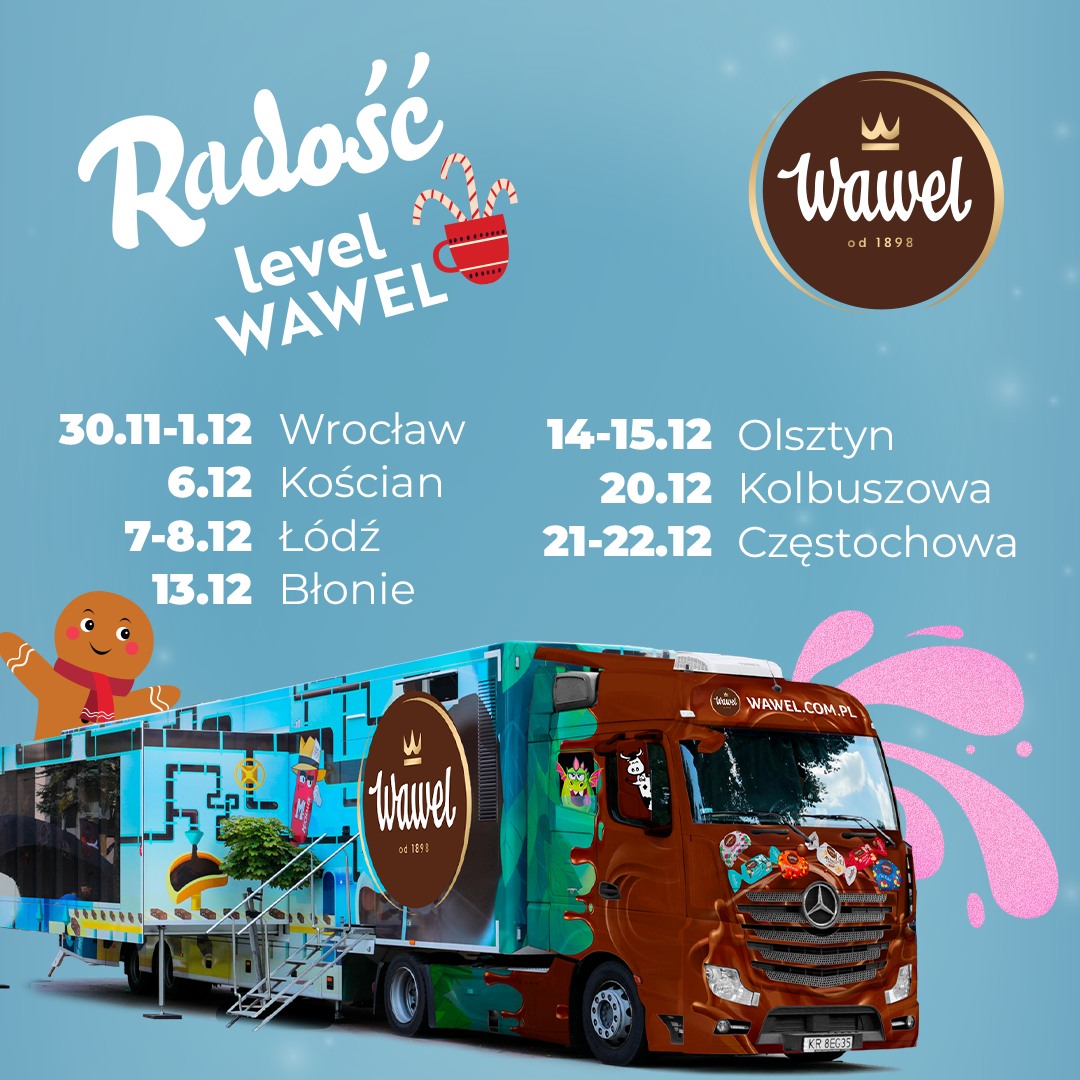 Plakat zapraszający na Świąteczny Konwój Radia Zet WAWEL TRUCK do Olsztyna 2024