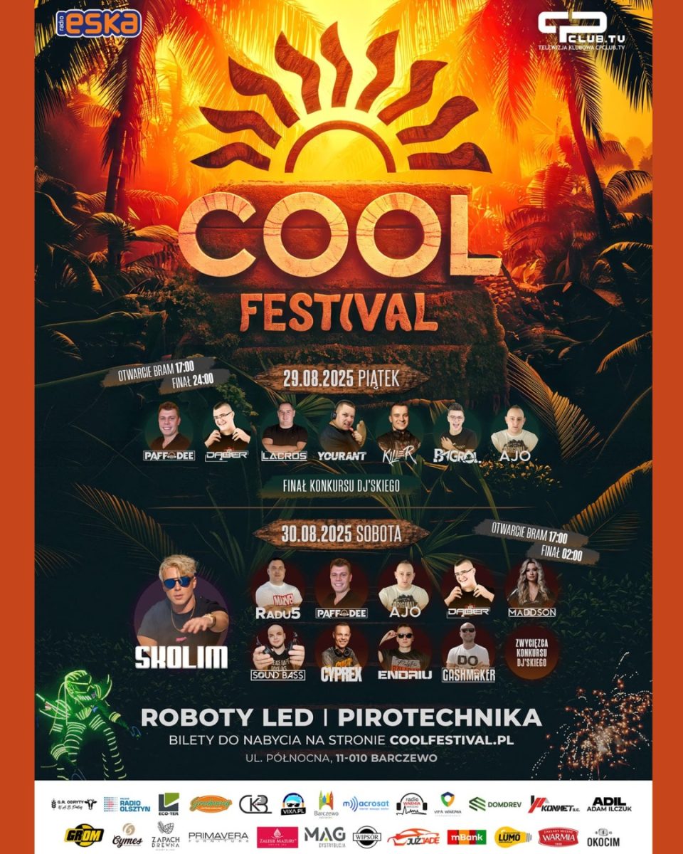 Plakat zapraszający w dniach 29-30 sierpnia 2025 r. do Barczewa na Coll Festival Open Battle DJ's Warmia Barczewo 2025.