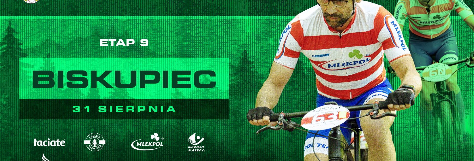 Plakat zapraszający w niedzielę 31 sierpnia 2025 r. do Biskupca na Etap 9 wyścigu Łaciate Mazury MTB - "Biskupieckie Koło Dadaju" Biskupiec 2025.  