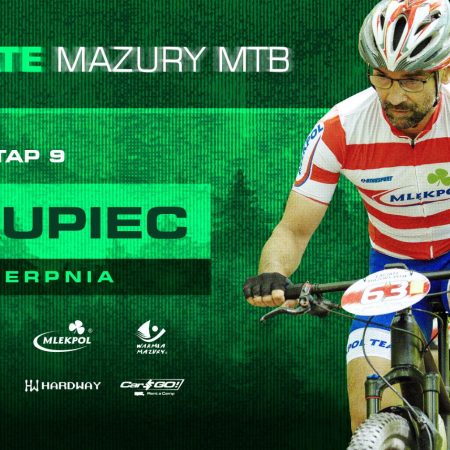 Plakat zapraszający w niedzielę 31 sierpnia 2025 r. do Biskupca na Etap 9 wyścigu Łaciate Mazury MTB - "Biskupieckie Koło Dadaju" Biskupiec 2025.  