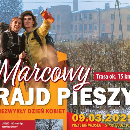 Plakat zapraszający w niedzielę 9 marca 2025 r. do Biskupca na Marcowy Rajd Pieszy Biskupiec 2025.