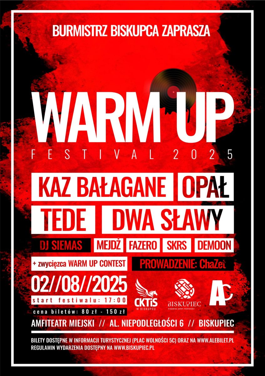 Plakat zapraszający w sobotę 2 sierpnia 2025 r. do Biskupca na kolejną edycję imprezy Warm Up Festival Biskupiec 2025. Program imprezy.