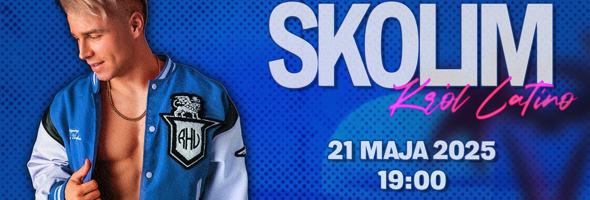 Plakat zapraszający w środę 21 maja 2025 r. do Braniewa na koncert Króla Latino Skolim Braniewo 2025.