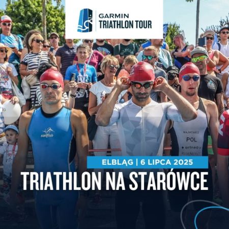 Plakat zapraszający w niedzielę 6 lipca 2025 r. do Elbląga na Garmin Iron Triathlon Elbląg 2025.