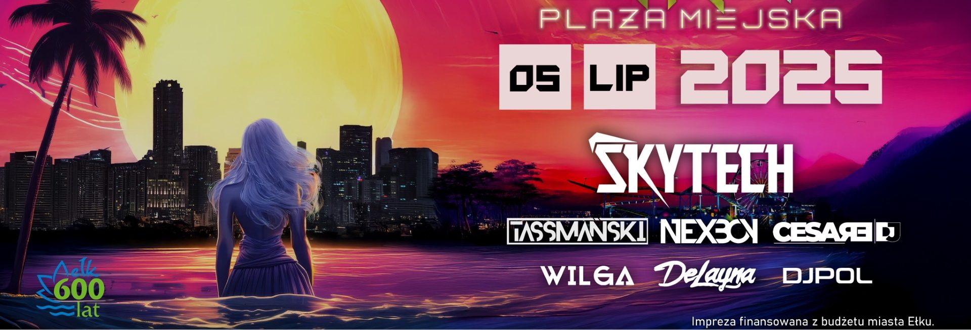 Plakat zapraszający w sobotę 5 lipca 2025 r. do Ełku na Koncert Muzyki Elektronicznej na Plaży Miejskiej Elk.Tronic Ełk 2025.