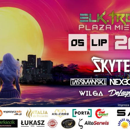 Plakat zapraszający w sobotę 5 lipca 2025 r. do Ełku na Koncert Muzyki Elektronicznej na Plaży Miejskiej Elk.Tronic Ełk 2025.