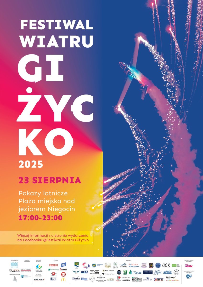 Plakat zapraszający w sobotę 23 sierpnia 2025 r. do Giżycka na cykliczną imprezę Festiwal Wiatru - Pokazy Lotnicze Giżycko 2025.