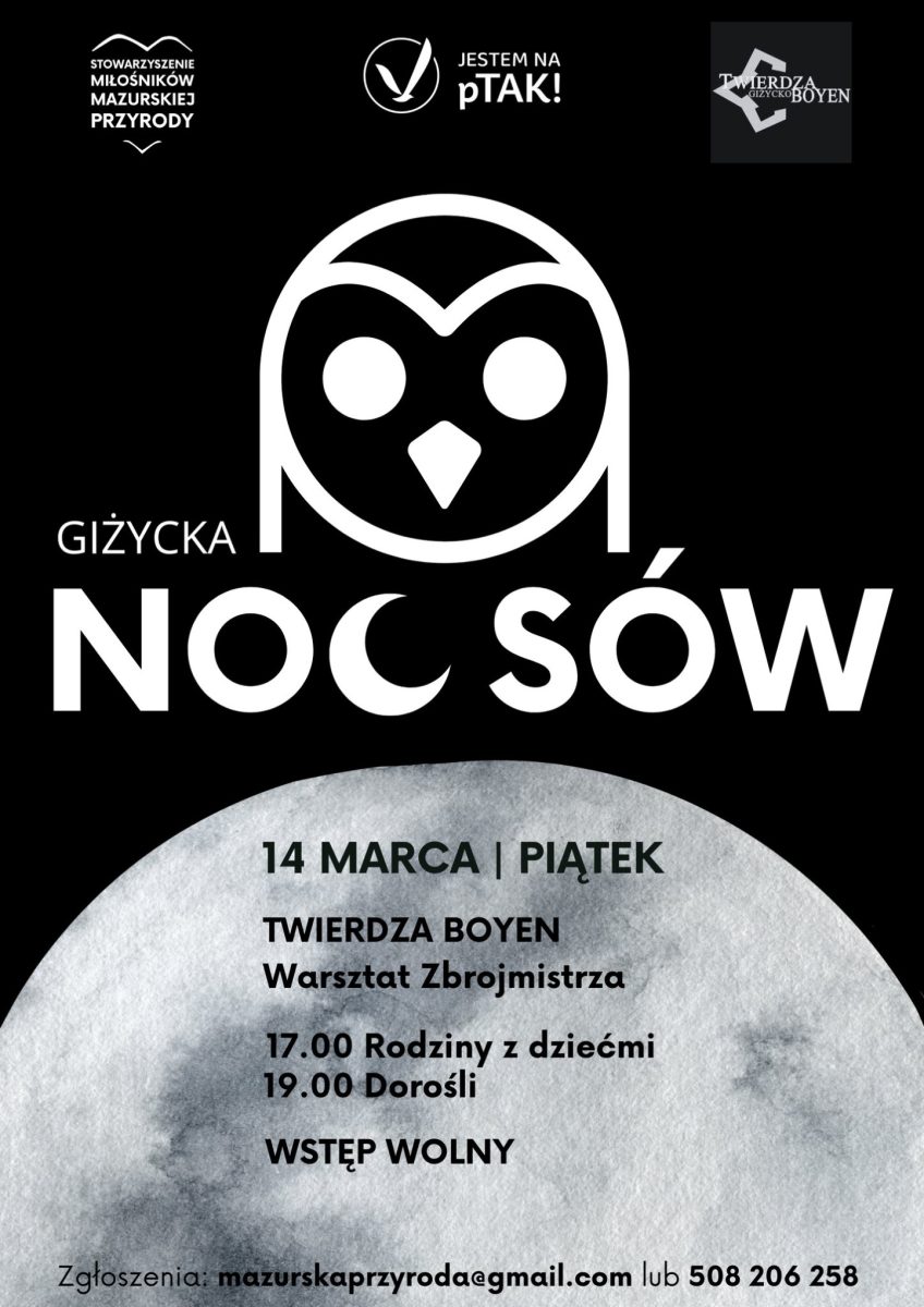 Plakat zapraszający w piątek 14 marca 2025 r. do Giżycka na Giżycką Noc Sów 2025.