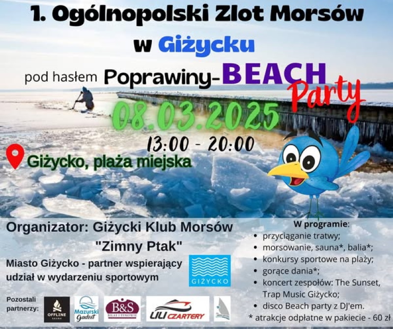 Plakat zapraszający w sobotę 8 marca 2025 r. do Giżycka na I Ogólnopolski Zlot Morsów w Giżycku 2025.