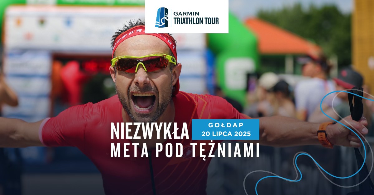 Plakat zapraszający w niedzielę 20 lipca 2025 r. do Gołdapi na kolejną edycję imprezy sportowej Garmin Iron Triathlon Gołdap 2025.