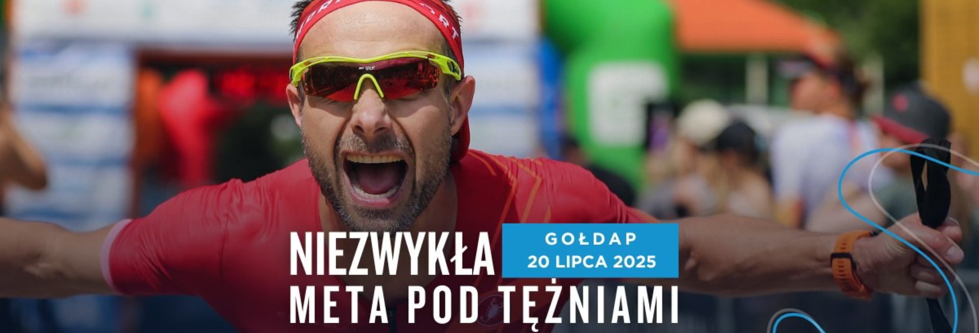 Plakat zapraszający w niedzielę 20 lipca 2025 r. do Gołdapi na kolejną edycję imprezy sportowej Garmin Iron Triathlon Gołdap 2025.