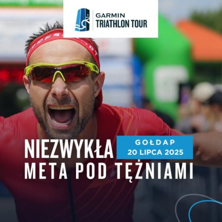 Plakat zapraszający w niedzielę 20 lipca 2025 r. do Gołdapi na kolejną edycję imprezy sportowej Garmin Iron Triathlon Gołdap 2025.