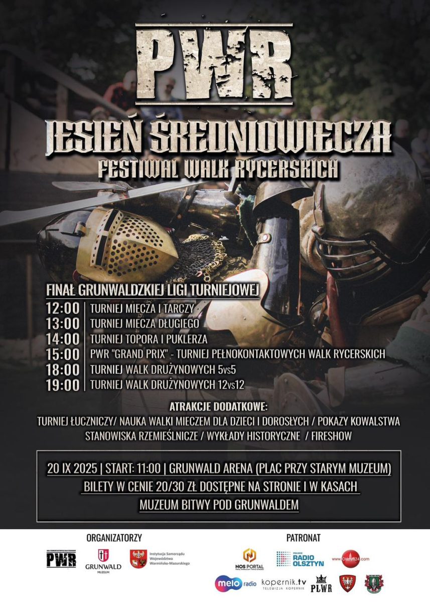 Plakat zapraszający w sobotę 20 września 2025 r. do Grunwaldu na Grunwaldzką Ligę Turniejową – Pola Grunwaldzkie 2025.