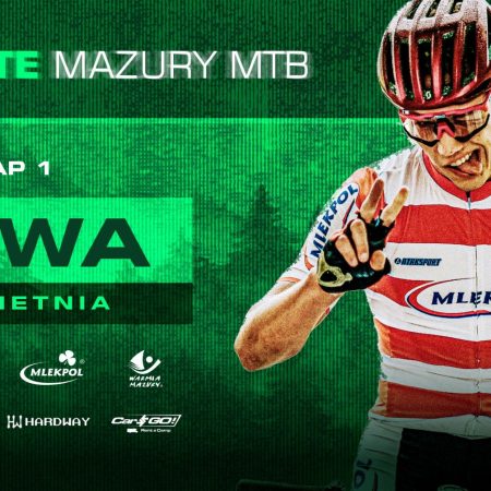 Plakat zapraszający w niedzielę 13 kwietnia 2025 r. do Iławy na 1 Etap wyścigu Łaciate Mazury MTB „Wyścig Pięciu Jezior” Iława 2025. 